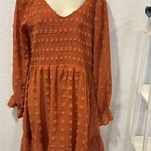 Rust Orange Textured Long Sleeve Dress